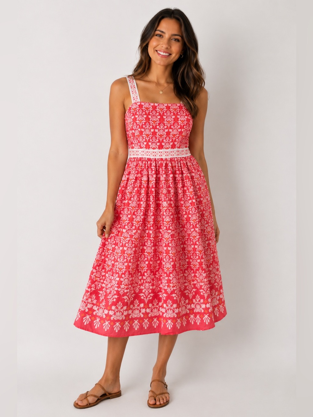 Talbots Women’s Coral Pink White Floral Fit & Flare Midi Sundress Square Neck 14